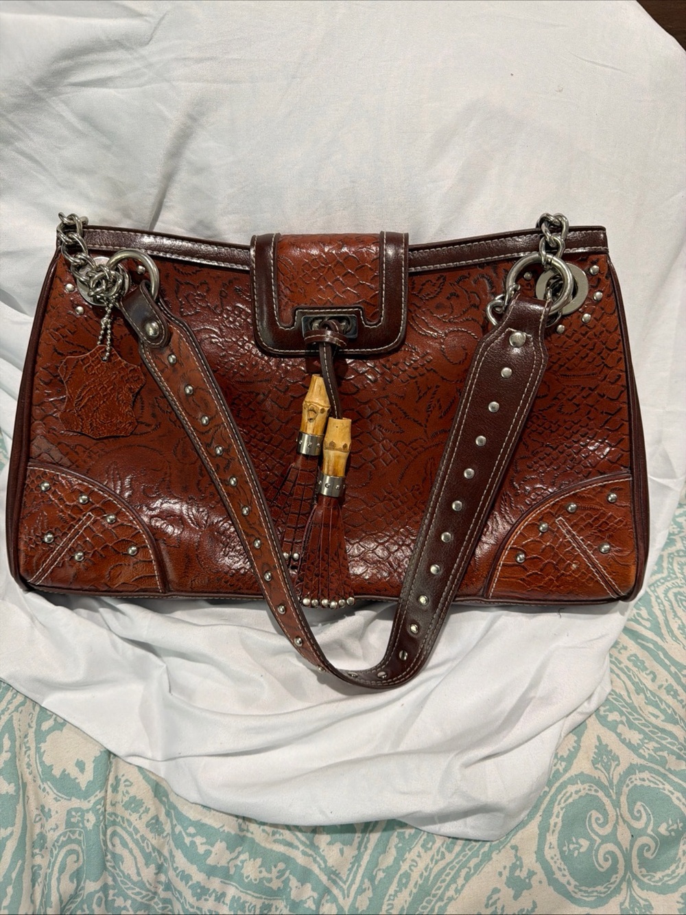 MC Marc Chantel Textured Brown Embossed Leather Shoulder Bag with Tassel Detail